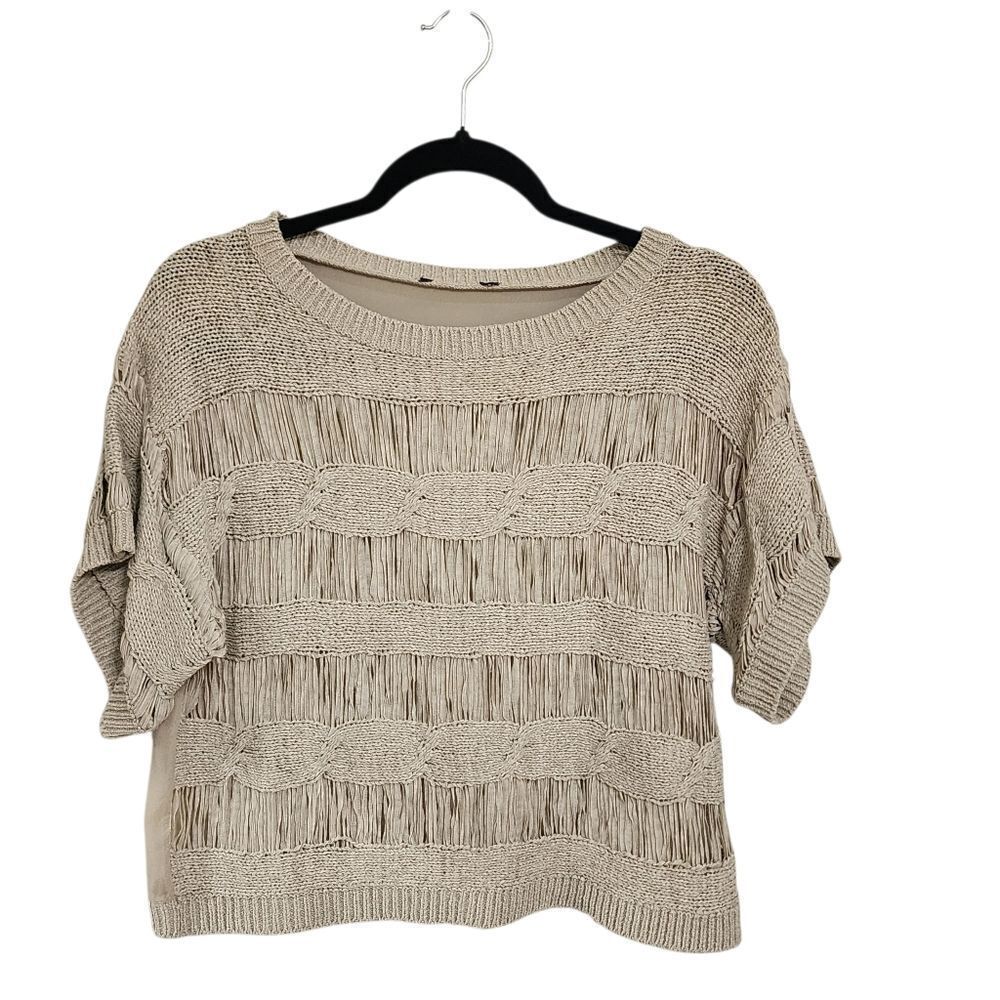 Beige Top Womens M Crop Sheer Crocheted Boho Beachy Oversized Indie Granola